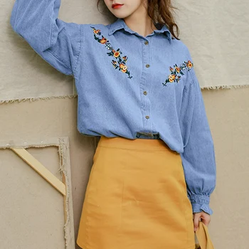 Stilingas Siuvinėjimas, Marškinėliai, moteriški Gėlių Palaidinė ZANZEA 2021 Atsitiktinis ilgomis Rankovėmis Blusas Moterų Atvartas Mygtuką Tunika Viršūnes