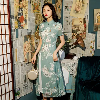 Cheongsam Qipao Šiuolaikinės Suknelė Moterims 2021 Kinų Stiliaus Aukšto juosmens 4xl Suknelė Seksualus Šifono Siuvinėjimų Suknelės Plius Dydžio Šalis