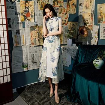 Cheongsam Qipao Šiuolaikinės Suknelė Moterims 2021 Kinų Stiliaus Aukšto juosmens 4xl Suknelė Seksualus Šifono Siuvinėjimų Suknelės Plius Dydžio Šalis