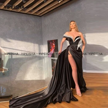 Yipeisha Asimetrinė Undinė Juoda Prom Dresses su Cirkonio Raudona Satino Pusėje Ritininės Vakare Gown Ilgai Traukinio Oficialią Suknelės 2021