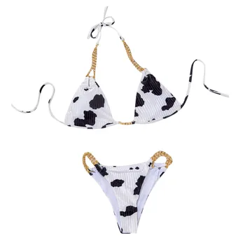 Mada Moterims Gėlių Karvių Spausdinti Bikini Komplektas, Push-up maudymosi kostiumėlį Dviejų dalių Paplūdimio Nėrinių Backless Kamšalu maudymosi Kostiumėliai
