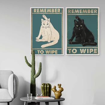 Nepamirškite Nuvalyti Black Cat White Cat Plakatus Retro Įdomus Vonios Kambarys Drobės Tapybos Tualetinio Humoro Nuotraukas Šiaurės Šalių Namų Dekoro