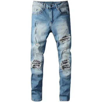 Nauji vyriški vyriškos kelnės Aukštosios gatvės mados prekinio ženklo mėlynas pleistras ripped jeans mens tendencija asmenybės slim stretch denim kelnės 665