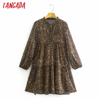 Tangada 2021 Moterų Leopard Gyvūnų Šifono Suknelė ilgomis Rankovėmis Ponios Derliaus Mini Suknelė Vestidos XN303