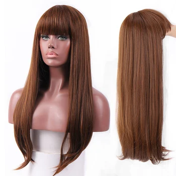HOUYAN 24 colių ilgų tiesių plaukų perukas moterų sintetinis perukas su kirpčiukais juoda ruda aukštos temperatūros pluošto