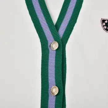 Prancūzijos moterų drabužiai pavasario/vasaros 2021 naujas metalo mygtuką kolegija stiliaus žalia ir violetinė apdaila ilgomis rankovėmis džemperis cardigan 00176
