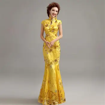 Geltonos Spalvos Nėrinių Undinė Kinų Stiliaus Cheongsam Suknelė Ilgai Qipao Moterims, Elegantiška Suknelė Plius Dydis Vestidso Derliaus, Nuotaka, Vestuvinė Suknelė