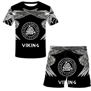 Viking 3D Atspausdintas simbolis - Tatuiruotė Kostiumas 2 dalių Rinkinys Vyrams trumpomis Rankovėmis Marškinėliai + Paplūdimio Šortai Atsitiktinis Tracksuit Atitikimo Komplektus