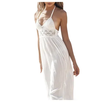 Vasaros suknelė 2021 Moterų Seksualus, Elegantiškas Nėrinių Paplūdimio Nėrimo Backless Bohemijos Apynasrio Maxi Ilga Suknelė skraiste longue balta suknelė