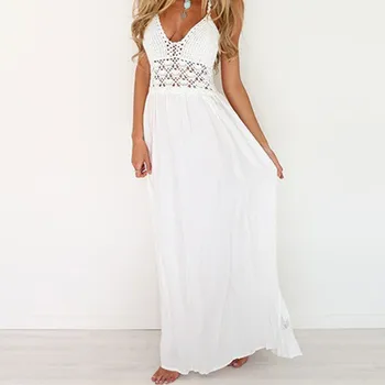 Vasaros suknelė 2021 Moterų Seksualus, Elegantiškas Nėrinių Paplūdimio Nėrimo Backless Bohemijos Apynasrio Maxi Ilga Suknelė skraiste longue balta suknelė