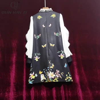 Qian Han Zi Dizainerio Mados Vasaros suknelė 2020 moterys ilgomis rankovėmis derliaus Spausdinti susiėmę duobute juoda šalis suknelė