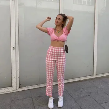 2021 m. Vasarą Moterys Austi Slim pink Pledas Mygtuką Kelnės Moteriška Streetwear Didelis Juosmens Atsitiktinis Kelnės Girl Chic Dugnas