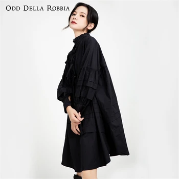OddDellaRobbia Pavasario 2021 Moterų Gothic Lolita Stand-Up Apykaklės, Nėriniai Raukšlėtis Marškinėliai Suknelė Dvipusis Nėriniai-Up Sluoksniuotos Rankovėmis Dress1150