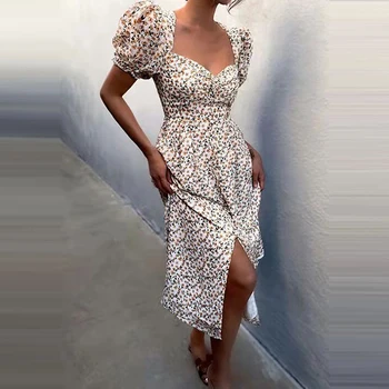 2021 m. Vasarą nauju Moterų Suknelė Sluoksniuotos Rankovėmis Padalinta Spausdinti Modelio Suknelės Aukšto Juosmens Elegantiškas V Kaklo Sexy Lady Atsitiktinis Moterų Apdaras