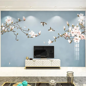 Custom Sienų Tapetai Kinų Stiliaus Ranka-dažytos 3D Magnolia Gėlių Ir Paukščių, Gyvenančių Kambaryje, TV Foną, Sienų Apdaila Dažymas