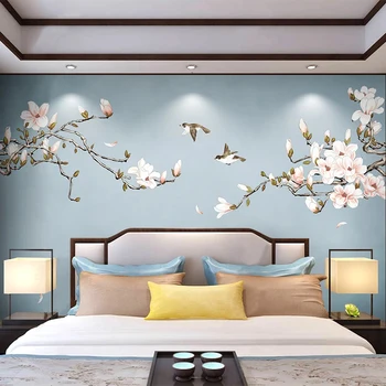 Custom Sienų Tapetai Kinų Stiliaus Ranka-dažytos 3D Magnolia Gėlių Ir Paukščių, Gyvenančių Kambaryje, TV Foną, Sienų Apdaila Dažymas