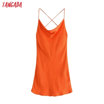 Tangada Moterų Orange Sexy Satin Trumpas Dirželis Suknelė be Rankovių Backless 2021 M. Vasaros Mados Lady Suknelės Vestido 3H323
