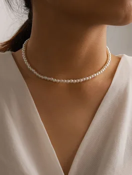 Elegantiška Baltos spalvos Imitacija, Perlų Choker Karoliai Didelis Apvalus Perlas Vestuvių Karoliai Moterų Žavesio bižuterijos