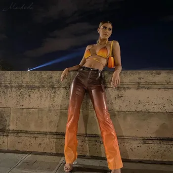 Macheda Rudenį Orange Slim PU Odos Kelnės Moterims Aukšto Juosmens Streetwear Mados Drabužių Lady Tiesios Kelnės 2020 Naujas