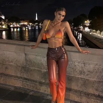 Macheda Rudenį Orange Slim PU Odos Kelnės Moterims Aukšto Juosmens Streetwear Mados Drabužių Lady Tiesios Kelnės 2020 Naujas