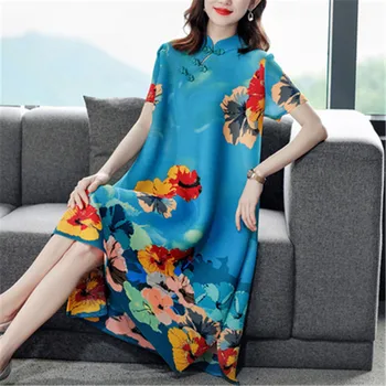 Miyake pavasario ir vasaros naujų suknelė moterų 2021 Kinų stiliaus temperamentas disko mygtuką spausdinti laisvi ir plonas vidutinio ilgio suknelė