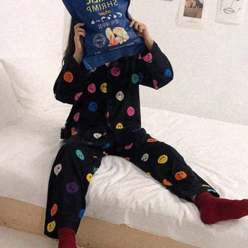 Kambarys Dėvėti korėjos Namuose tinka Moterų Pižama Tamsiai Veiduką Pijamas Animacinių filmų Spausdinti Pižamos Sleepwear Gotikos Pavasarį ir Rudenį Pj Rinkiniai