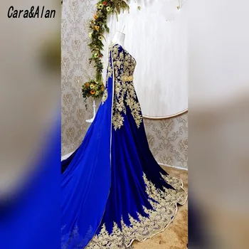 Cara&Alan Caftan Marocain De Soirée Royal Blue Vakaro Suknelės ilgomis Rankovėmis Aplikacijos Linijos Promenadzie Suknelė su Žaliuoju Vestidos Formale