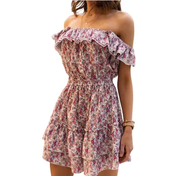 2021 Vasaros Paplūdimio Stiliaus Mini Suknelė Moterims Trumpomis Rankovėmis Velniop Kaklo-Line Gėlių Spausdinti Pynimas Suknelės Atsitiktinis Šalies Ponia Vestidos