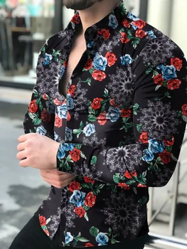 Camisas florales de manga larga de Otoño de 2021 para hombres camisas estampadas con flores de corte delgado para hombres cam