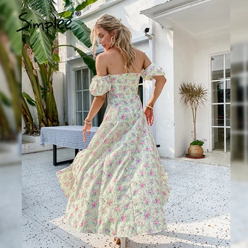 Simplee Elegantiškas boho gėlių spausdinti ilga suknelė prancūzų romantikų ritininės nėrinių atostogų paplūdimio suknelė Atsitiktinis vasaros aukšto juosmens Vestidos