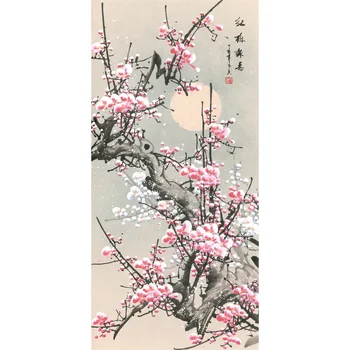 Azijos Sienos Pažymėkite Meno, Fengshui Namų Puošybai Meno Kūrinius, Tradicinę Kinų Šilko Pažymėkite Tapybos Sienos Nuotrauka -Raudonųjų Slyvų Primula