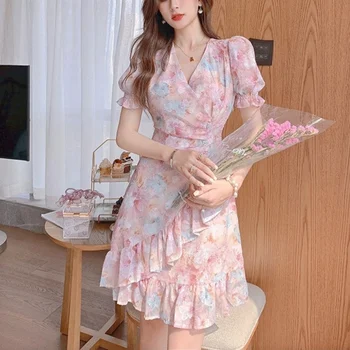 Rausvos Spalvos, Elegantiški Gėlių Suknelės Moterims Derliaus Kawaii V-Kaklo Seksuali Mini Saldžiųjų Suknelės Dizaineris Slim Gana Šalis Suknelės Vasaros 2021