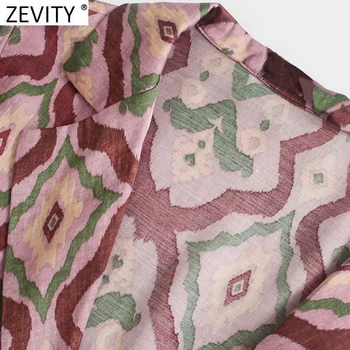 Zevity Moterų Derliaus Geometrinis Kratinys Spausdinti Trumpas Smock Elegantiška Palaidinė Moteriška Elegancija Vieną Krūtinėmis Marškinėliai Blusas Viršūnes LS9471