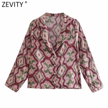 Zevity Moterų Derliaus Geometrinis Kratinys Spausdinti Trumpas Smock Elegantiška Palaidinė Moteriška Elegancija Vieną Krūtinėmis Marškinėliai Blusas Viršūnes LS9471