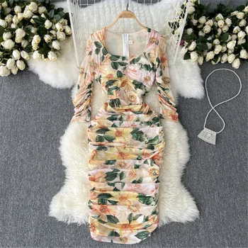 Moterims Gėlių Elegantiška Suknelė Vasaros Moterų Apdaras Slim Raukšlės Spausdinti Derliaus Suknelės Mados Atsitiktinis Ilgomis Rankovėmis Rudenį Vestidos 2021
