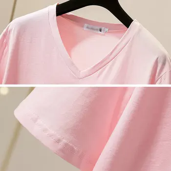 Trumpas Rankovės marškinėliai Moterims Vintage Drabužių Rožinė Prarasti Vasaros Viršūnes Negabaritinių Marškinėlius Spausdinti V Neck Tee Marškinėliai White Plus Size 2021