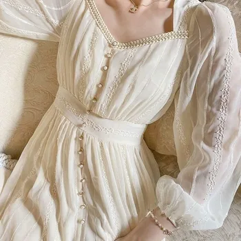 Prancūzijos Elegantiškas Ilgas Pasakų Suknelė Visiškai Rankovėmis Moterims Aikštėje Apykaklės Vintage Suknelė Šalis Vestuvių Vienas Gabalas Pavasario moteriški Drabužiai