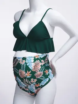 TiaoBug Vasaros 2vnt Nėščių Moterų maudymosi kostiumėlį, Rankovių Reguliuojami Dirželiai Pynimas Paminkštintas Viršų Su Gėlių Spausdinti Bikini Dugnų