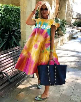 2021 Naujas Vasaros Bohemijos Gėlių-Line Suknelė Moterims Atsitiktinis Trumpas Rankovės O-Nekc Prarasti Printed Dress Lady Plus Size Vestidos S-3XL