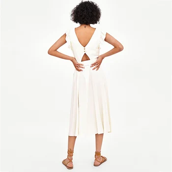 Elegantiškas Ruffless Balta Lininė Suknelė Moterų Berankovis Backless Lankas Midi Suknelė Vasaros Kišenėje Atsitiktinis Suknelė 2019 Korėjos Paplūdimio Vestido