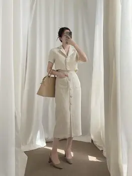 Korėjos prašmatnus temperamentas elegantiškas atvartas tvido mažas kostiumas striukė + aukšto juosmens prašmatnus mygtuką sijonas kostiumas
