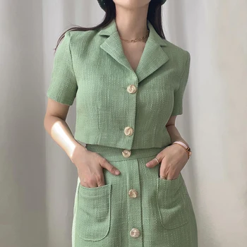 Korėjos prašmatnus temperamentas elegantiškas atvartas tvido mažas kostiumas striukė + aukšto juosmens prašmatnus mygtuką sijonas kostiumas