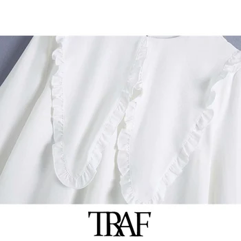TRAF Moterų Saldus Mados Su Pynimas Apdaila Balta Mini Suknelė Vintage Didelis Apykakle ilgomis Rankovėmis Moterų Suknelės, Vestidos Mujer