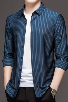 Aukštos Kokybės Tamsiai Mėlyna Pinestriped Darbo Shirt Mens Classic Verslo Socialinės Drabužiai Didelių Dydžių Patogiai, Biuro Palaidinės Juoda
