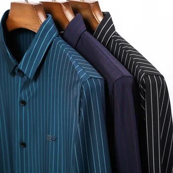 Aukštos Kokybės Tamsiai Mėlyna Pinestriped Darbo Shirt Mens Classic Verslo Socialinės Drabužiai Didelių Dydžių Patogiai, Biuro Palaidinės Juoda
