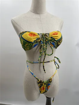 2020 Seksualus Tuščiaviduriai Bikini Kietas Bather Kostiumas Tvarstis Push Up maudymosi kostiumėlį, Monikinis Dviejų dalių mažas juosmens Diržas Paplūdimio
