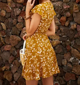 Atostogų Raukiniai Kryžiaus V kaklo Gėlių spausdinti Wrap Suknelė Nauja Moteris Jungiamąją iki Juosmens Asimetrija trumpą suknelę Slim Fit Suknelės Geltona