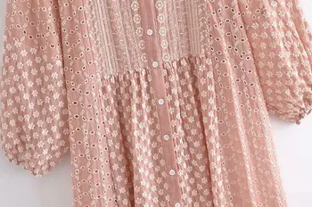 HWLZLTZHT 2021 Moterų ažūrinės figūrinių Siuvinėti Vasaros Marškinėliai suknelė Ilgio Sluoksniuotos Rankovėmis Plisuotos Midi Suknelė Mygtuką Iki Siuvinėjimų Suknelės