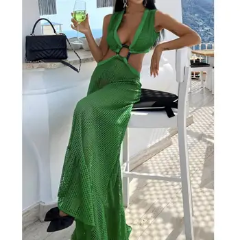Vasaros Suknelė Moterims 2021 Seksualus Backless V-kaklo Matyti Per Ilgai Tinklelis Žalia Suknelė be Rankovių Kamuolys Suknelė Maxi Beach Party Suknelės