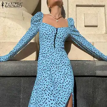 ZANZEA Retro Gėlių Spausdinti Vestido 2021 M. Pavasarį prancūzijos Femme Šalies Atsitiktinis Aikštėje Apykaklės Suknelės, Vyriški Mados Elegantiškas Midi Suknelė